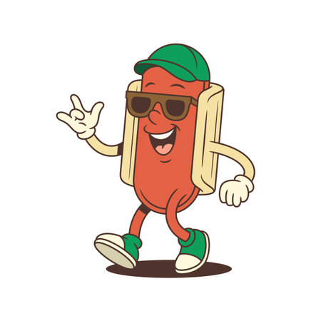 Cool hotdog mascot wearing sunglasses and green cap gives a thumbs-up with a confident stance. Ideal for casual marketing, branding, or summer street food events. Vector illustrationのイラスト素材