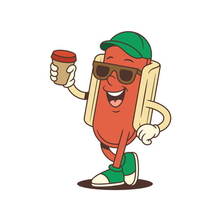 Smiling hotdog mascot wears sunglasses and holds a coffee cup while standing confidently with one hand on its hip. Perfect for casual branding, summer menus, or promotional campaigns. Vector illustrationのイラスト素材
