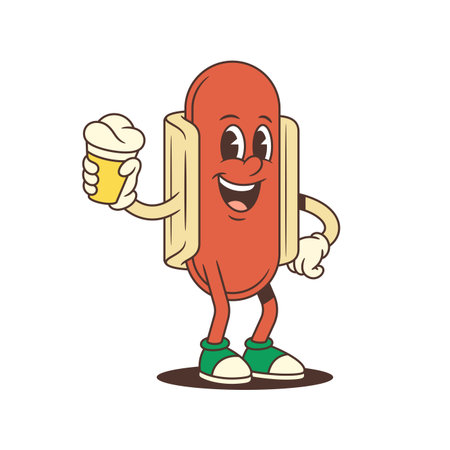 Playful hotdog mascot holds ice cream and beams with joy in a dynamic pose, radiating summer fun and refreshment vibes. Great for food festival posters, summer events, or treat-themed brandingのイラスト素材