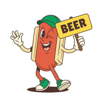 A hotdog mascot holding a beer sign with confident posture and a big smile creates an inviting atmosphere for lively festivals and parties. Perfect for fun advertising and event promotionのイラスト素材
