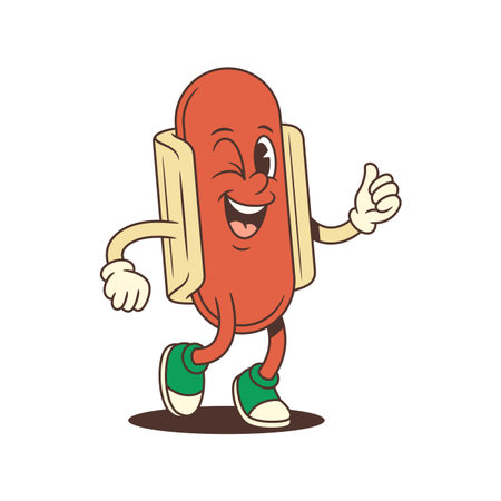 A cheerful hotdog mascot winks and gives a thumbs-up while walking in playful green cap and sneakers. Ideal for casual social events and entertainment marketing. Vector illustrationのイラスト素材