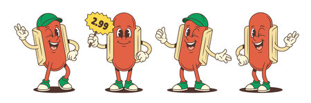 Playful hotdog mascots with expressive faces and dynamic hand gestures like thumbs-up, OK, and peace signs. Perfect for food branding, promos, and advertising. Vector illustrationのイラスト素材