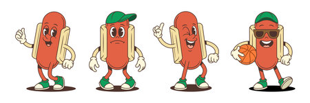 Cartoon hotdog mascots in energetic poses with bold expressions, basketball, and fun gestures. Ideal for food branding, kids content, and sports-themed promotions. Vector illustration.のイラスト素材