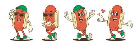 Cartoon hotdog mascots in fun poses with sunglasses, peace signs, and open arms. Ideal for food ads, sports promotions, and playful branding projects. Vector illustration.のイラスト素材