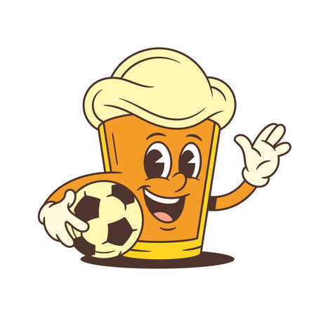 Beer mascot shaped like a small glass with large foamy head holding a soccer ball and waving hand. Perfect for sports events, beer branding, and promotional campaigns. Isolated vector illustrationのイラスト素材