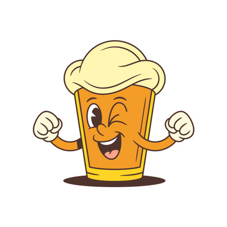 Bright yellow beer mascot designed as a small glass with large foamy head joyfully winking and spreading hands with clenched palms expressing approval. Isolated vector illustrationのイラスト素材