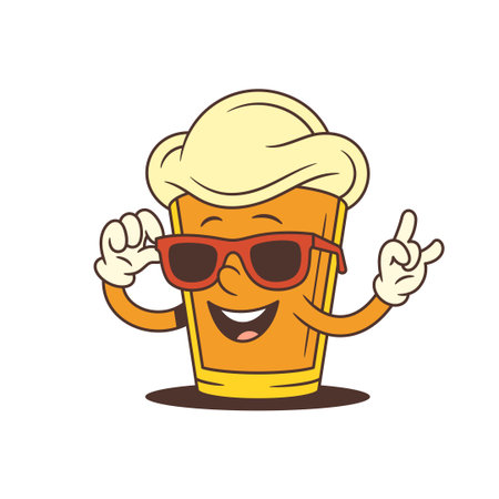 Energetic cartoon beer mascot in glass form with foamy top wearing sunglasses, adjusting them with one hand while showing rock gesture. Fun concept for bar or festival. Isolated vector illustrationのイラスト素材