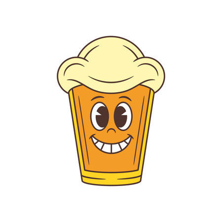 Happy yellow beer glass mascot with large foam head smiling joyfully. Playful character design suitable for pubs, parties, festivals, and branding. Isolated on white background. Vector illustrationのイラスト素材