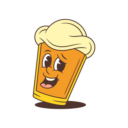 Bright and joyful cartoon mascot of a yellow beer glass with a large foam head smiling happily. Perfect for logos, festivals, bars, and fun design projects. Isolated on white vector illustrationのイラスト素材