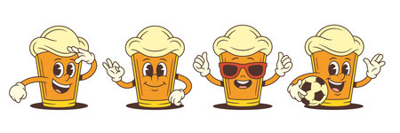 Cartoon beer mascot character wearing sunglasses shows thumbs up, salutes, waves hand and poses with soccer ball using playful emotional gestures. Vector illustrationのイラスト素材