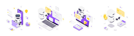 Isometric vector illustration featuring robots interacting with devices, artificial intelligence,...