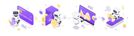Isometric vector illustration showcasing robots interacting with artificial intelligence, finance, data analytics, marketing, security, automation and business processes in modern digital environmentsのイラスト素材