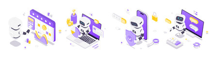 Isometric vector illustration of modern robots using artificial intelligence for finance management,...