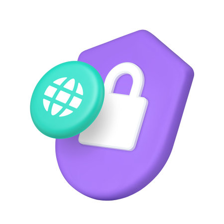 Global cybersecurity data protection and privacy safety concept with shield lock and world wide web symbol. Modern 3d icon realistic vector illustration.のイラスト素材
