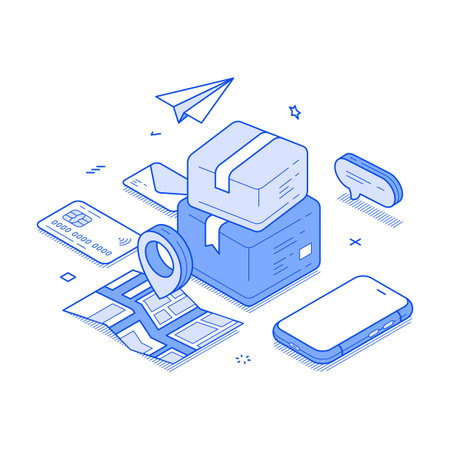 Postal parcel cargo box delivery courier service GPS tracking isometric vector illustration. Express freight transportation logistic distribution online shopping payment smartphone app technologyのイラスト素材