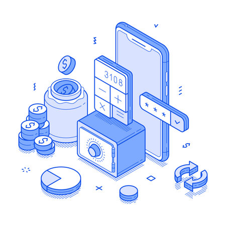 Online banking financial budget balance smartphone application isometric vector illustration. Internet bank shopping payment e money transaction mobile app accounting control digital technologyのイラスト素材