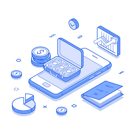 Financial planning budget balance analyzing smartphone application isometric vector illustration. Finance banking accounting control money salary savings investment mobile app digital technologyのイラスト素材
