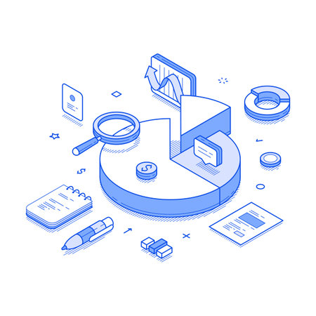 Business market analyzing efficiency productivity diagram isometric vector illustration. Financial commercial management graph monitoring economy information solution profit planning researchのイラスト素材