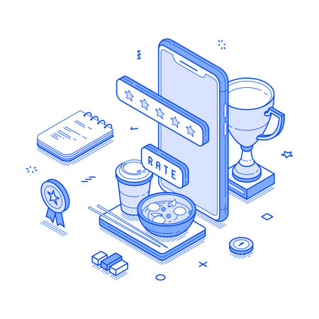 Food delivery review rating service customer rate smartphone application isometric vector illustration. Best choosing evaluation reward quality guarantee internet opinion social media network appのイラスト素材