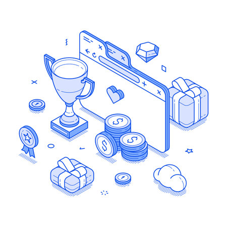 Internet reward loyalty program prize bonus benefit isometric vector illustration. Online competition win victory best service product offer trophy rank achievement cyberspace evaluation championshipのイラスト素材