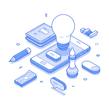 Business idea analyzing development smartphone application isometric vector illustration. Success brainstorming analysis solution digital technology startup invention creative inspirationのイラスト素材