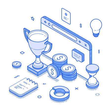 Online business achievement profit productivity efficiency organization isometric vector illustration. Efficient corporate marketing management strategy finance success work reward financial analyzingのイラスト素材