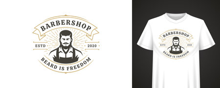 Vintage emblem design with bold typography, bearded barber portrait, established year detail and classic layout for apparel branding and merchandise. Vector illustrationのイラスト素材