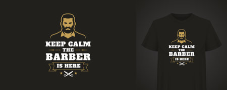 Retro-themed t-shirt design featuring a vintage barber illustration with a beard and the phrase Keep Calm The Barber Is Here. Design includes a scissor graphic and a ribbon bannerのイラスト素材