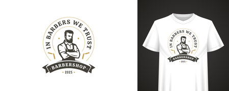 Classic barbershop design with vintage badge, bold quote, male character with beard, modern retro styling and ribbon banner perfect for apparel branding. Vector illustrationのイラスト素材