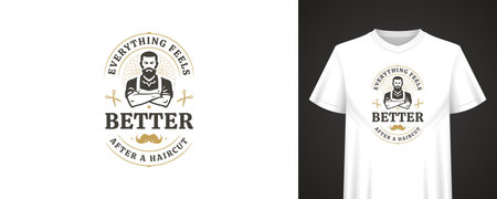 Barbershop design featuring inspirational quote, masculine figure with beard, classic mustache, vintage scissors, clean typography and bold layout for apparel. Vector illustrationのイラスト素材