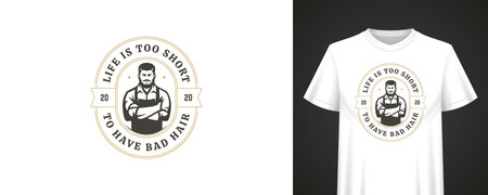 Vintage barbershop logo featuring confident male character, stylish lettering, strong phrase, bold outline and clean layout for fashionable apparel and merchandise. Vector illustrationのイラスト素材