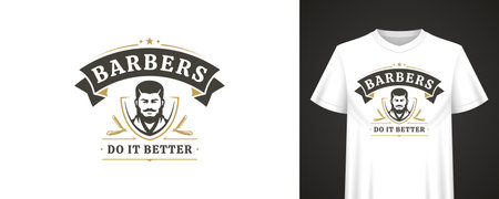 Classic barbershop emblem with bold banner, portrait icon, stylish quote and traditional elements for retro clothing branding and apparel prints. Vector illustrationのイラスト素材