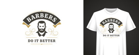 Classic barbershop emblem featuring stylish male figure, decorative elements and bold statement in vintage layout, suitable for apparel and branding. Vector illustrationのイラスト素材