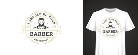 Retro barbershop logo design featuring bearded man, circular badge layout, stylish decorative details and bold message for apparel and merchandise. Vector illustrationのイラスト素材