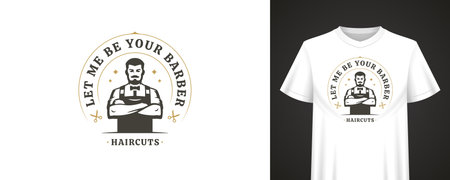 Classic barber emblem with confident man in apron, bold text and decorative layout for retro style clothing, print and brand identity. Vector illustrationのイラスト素材