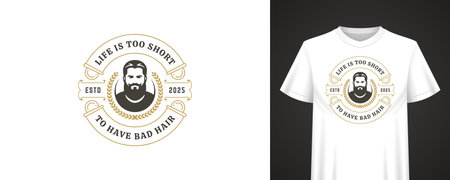 Retro barber quote with stylish bearded man in circular badge design, bold vintage typography and classic layout for t-shirt fashion print. Vector illustrationのイラスト素材