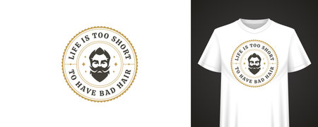 Barbershop quote with bearded man face, classic round badge design, bold lettering and retro style elements for t-shirt fashion. Suitable for print and apparel. Vector illustrationのイラスト素材