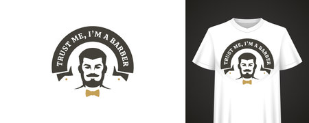 Barber slogan design featuring male character with mustache and haircut, arched typography, and vintage badge style ideal for fashion prints and apparel. Vector illustrationのイラスト素材