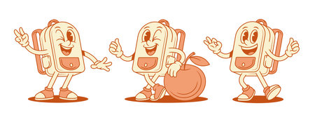 Happy cool schoolbag backpack cartoon character set isometric vector illustration. Smiling comic school bag pupil education mascot peace okay ok gesture thumb up with appleのイラスト素材