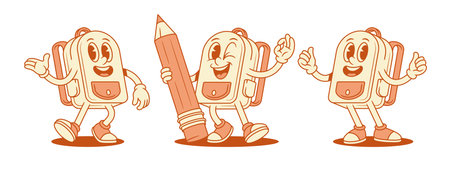 Adorable comic schoolbag backpack cartoon character set isometric vector illustration. Smiling funny school bag for pupil minimalist mascot greeting welcome ok okay thumb up with pencilのイラスト素材