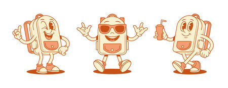 Cool funky schoolbag backpack cartoon character set isometric vector illustration. Smiling positive school bag for pupil minimalist mascot in sunglasses innovation idea attention soda drinkのイラスト素材