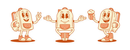 Comic smiling schoolbag backpack cartoon character set isometric vector illustration. Happy positive school bag minimalist mascot peace greeting yoga lotus meditation ice cream summer dessertのイラスト素材