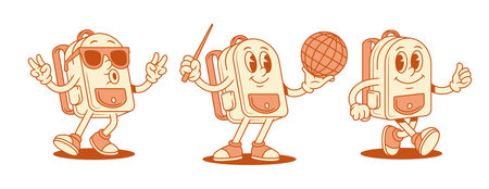 Cool funky schoolbag backpack cartoon character set isometric vector illustration. Smiling funny school bag minimalist mascot in sunglasses walking relaxing geography globe studying lessonのイラスト素材