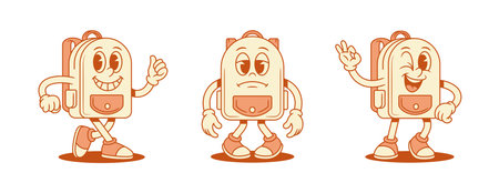 Cheerful smiling tired schoolbag backpack cartoon character set isometric vector illustration. Happy cute school bag for pupil minimalist mascot walking upset unhappy sad ok okay good gestureのイラスト素材
