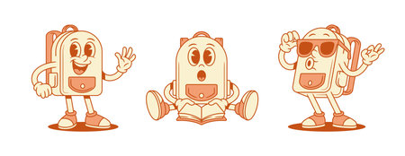 Cute positive schoolbag backpack cartoon character set isometric vector illustration. Smiling happy school bag for pupil minimalist mascot reading book hi hello greeting welcome in sunglassesのイラスト素材