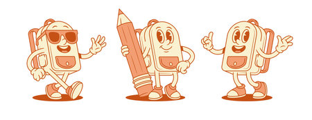 Cool funny schoolbag backpack cartoon character set isometric vector illustration. Smiling positive school bag for pupil minimalist mascot hi greeting in sunglasses with pencil idea smart attentionのイラスト素材