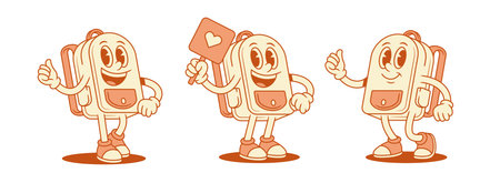 Happy positive schoolbag backpack cartoon character set isometric vector illustration. Smiling comic school bag pupil education minimalist mascot thumb up like love heart signboardのイラスト素材