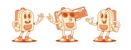 Funky cool schoolbag backpack cartoon character set isometric vector illustration. Smiling cheerful school bag pupil education hi hello greeting welcome presenting in sunglasses music playerのイラスト素材