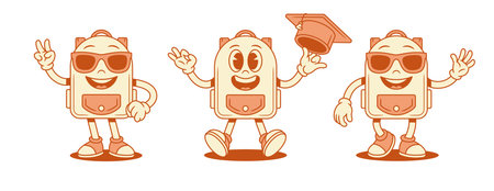 Smiling cool schoolbag backpack cartoon character set isometric vector illustration. Happy positive school bag pupil education minimalist mascot greeting in sunglasses graduation cap studyingのイラスト素材