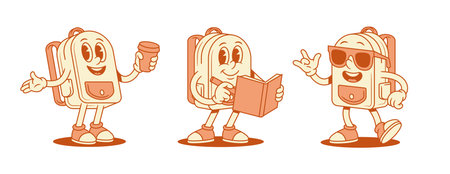 Cool comic schoolbag backpack cartoon character set isometric vector illustration. Funny positive school bag pupil education minimalist mascot in sunglasses with coffee writing notes studyingのイラスト素材